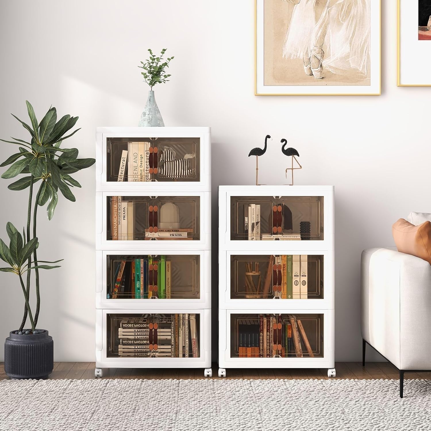 4-Tier Folding Shoe Storage Cabinet with Lockable Wheels & Stackable Bins