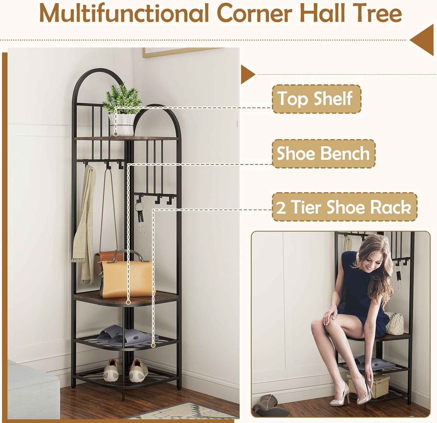 Rustic Brown Black Corner Coat Rack 4-Tier Hall Tree with Shoe Bench & Hooks