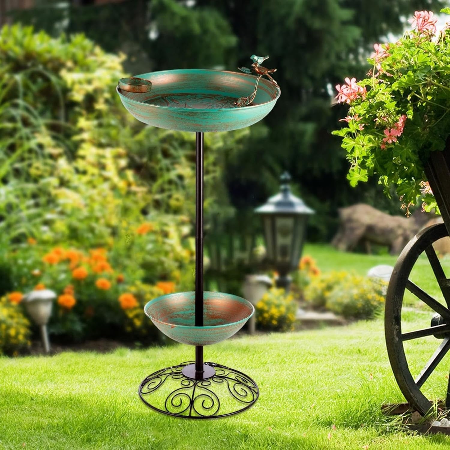 Wrought Iron Bird Bath Feeder Outdoor Garden Decor Double Bowl Stand
