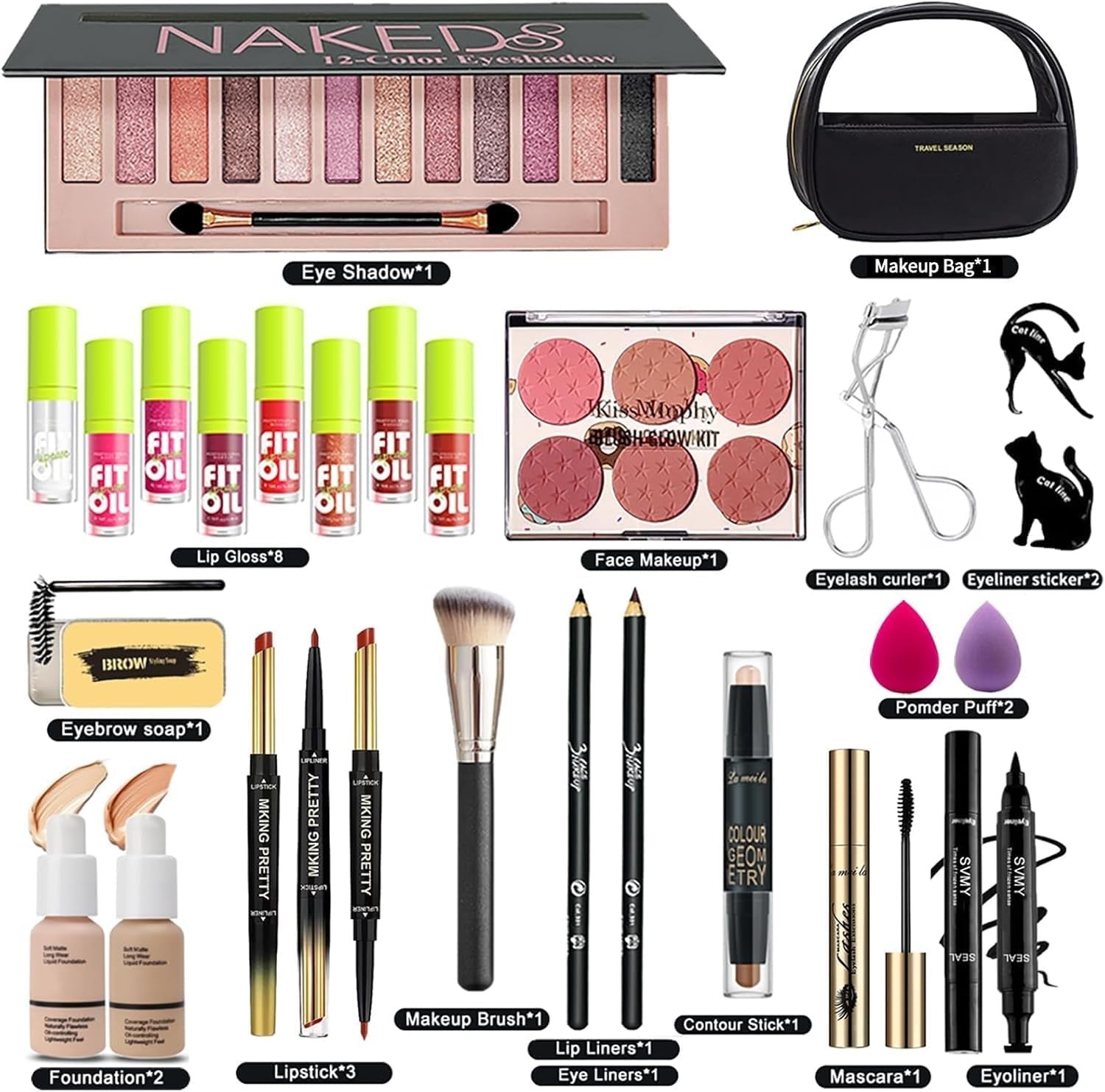All-in-One Makeup Kit – Eyeshadow, Lipstick, Foundation & Brushes