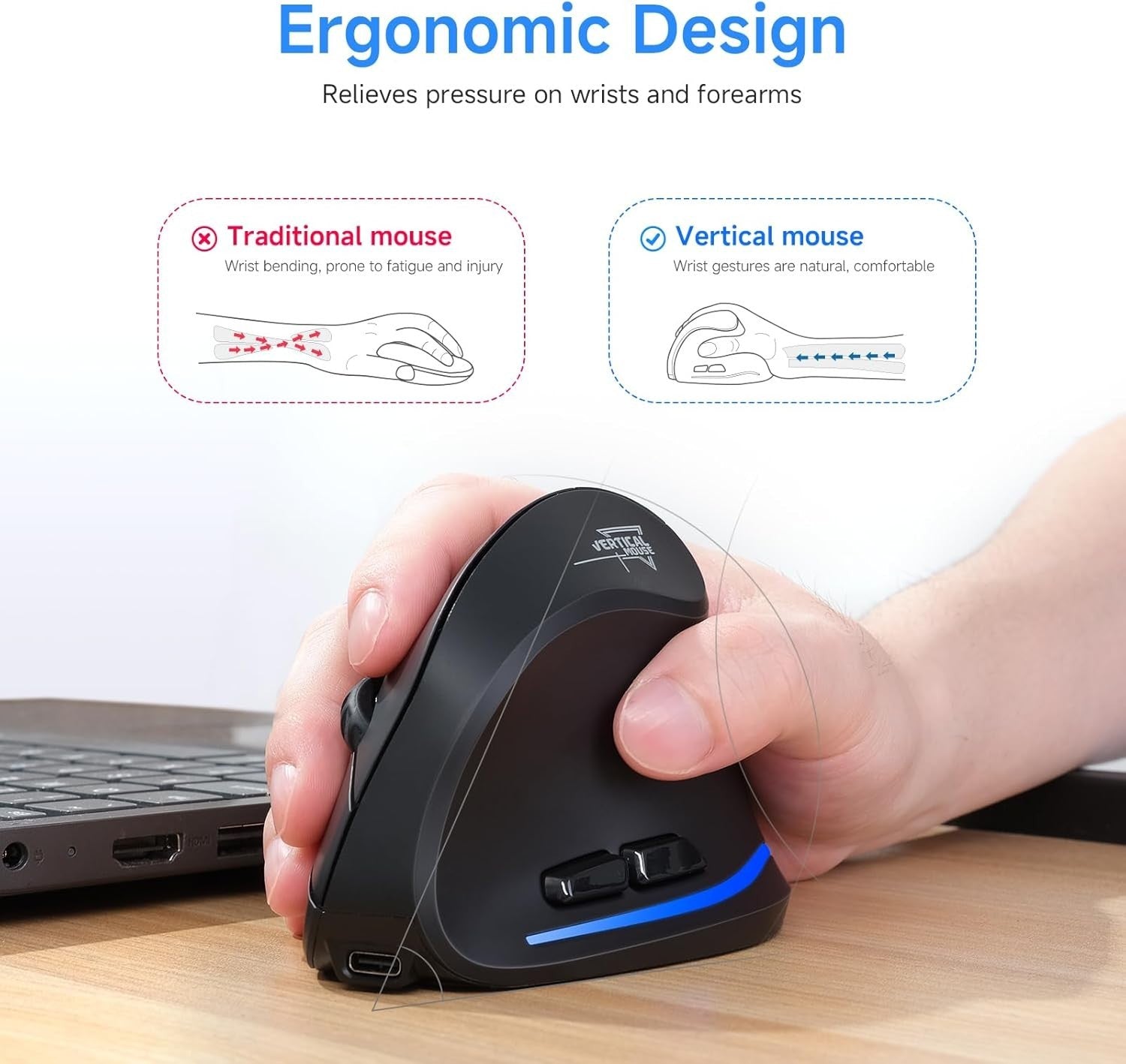 Vertical Ergonomic Wireless Mouse Rechargeable 4800 DPI 6 Button