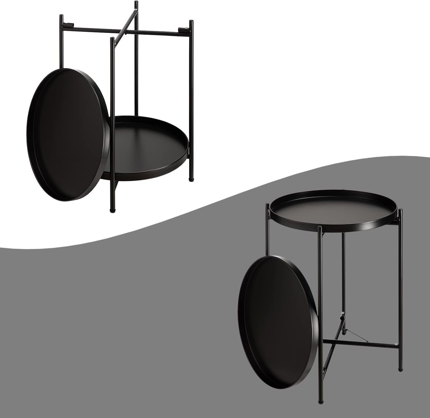 Black Metal Round Side Table – Removable Tray, Small 2 Tier Coffee Table