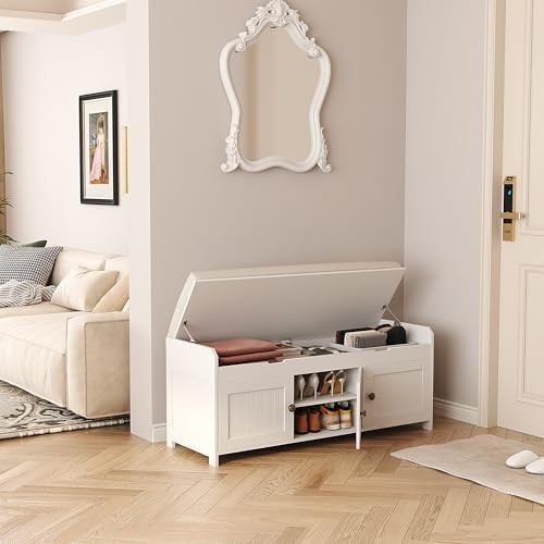 White Shoe Storage Bench with Cushion Seat 3-Door Cabinet & Hidden Compartment