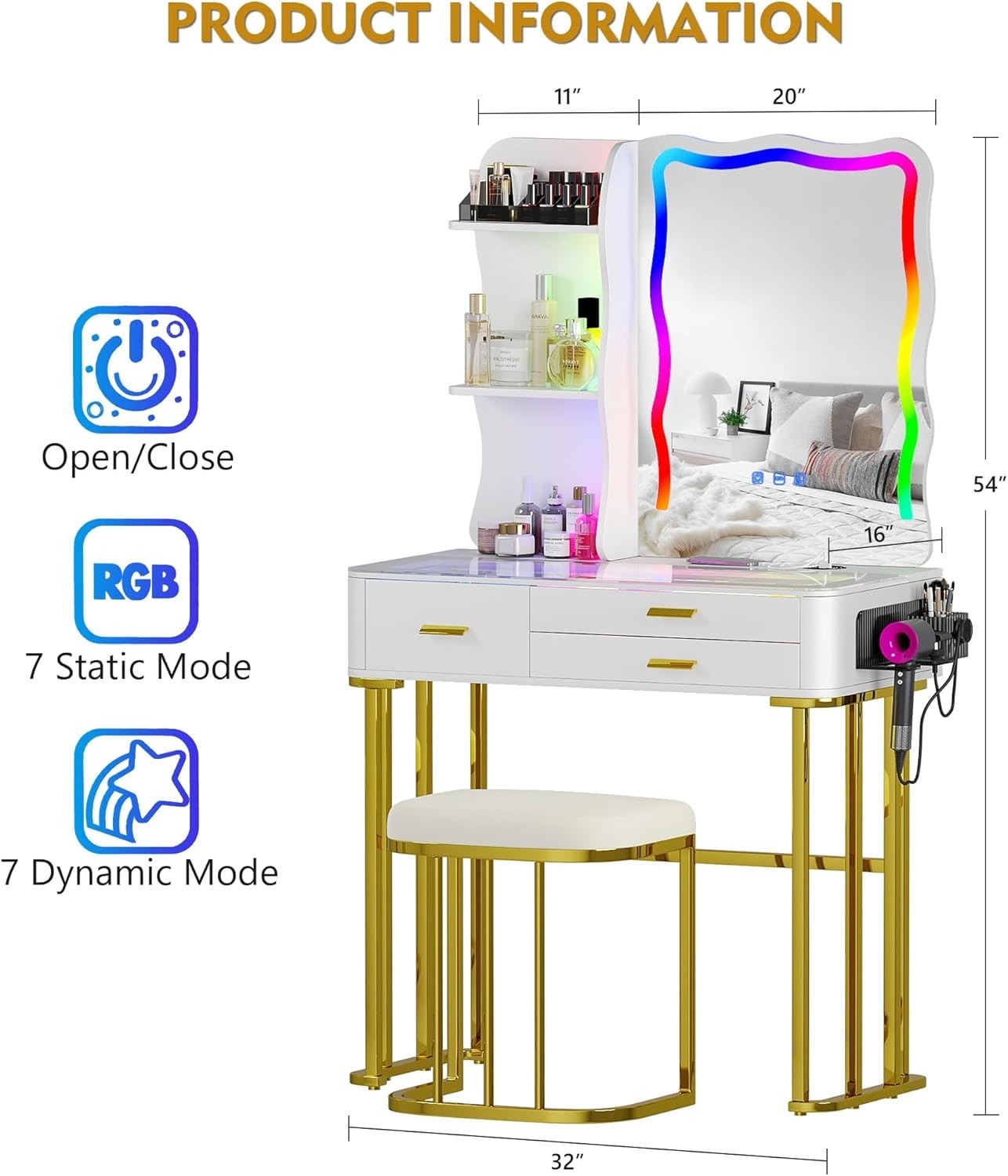 Elegant White Vanity Dressing Table RGB LED Mirror Wireless Charging 3 Drawers