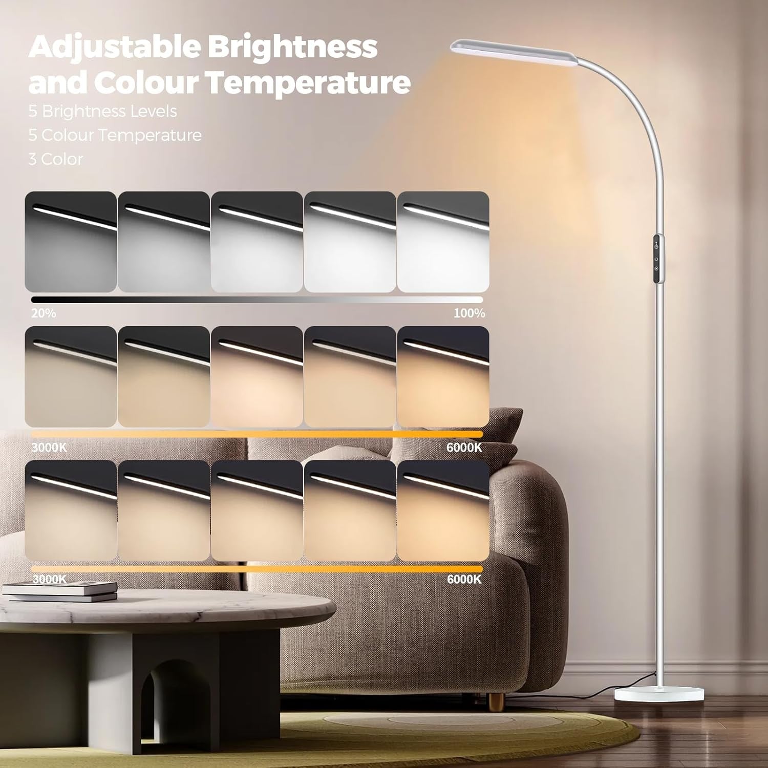 Dimmable Floor Lamp Touch Control Adjustable Reading Standing Lamp White