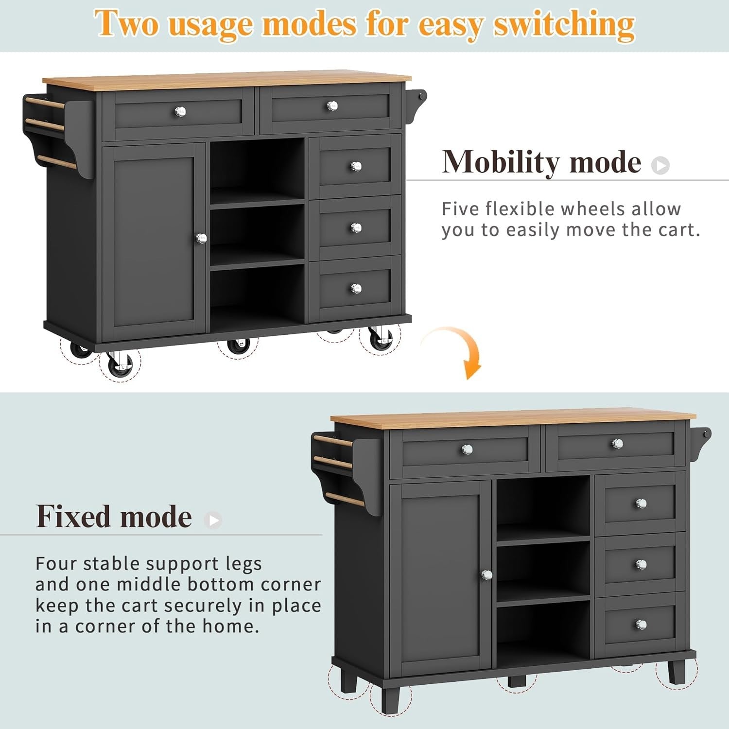 Rolling Kitchen Island Cart with Adjustable Storage & Mobile/Fix Design