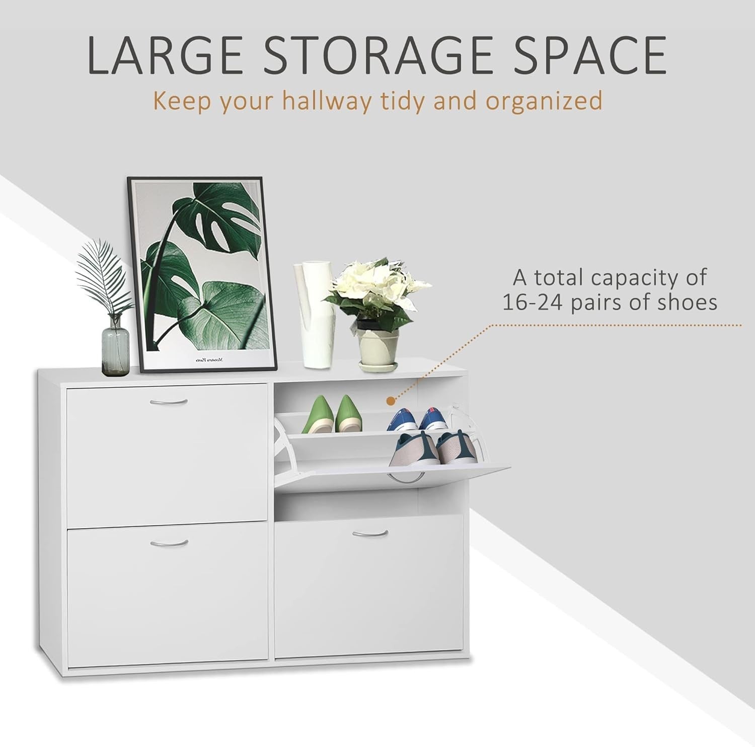 4 Drawer Shoe Cabinet Storage Unit – Modern Slim Cupboard with Flip Doors – Whit