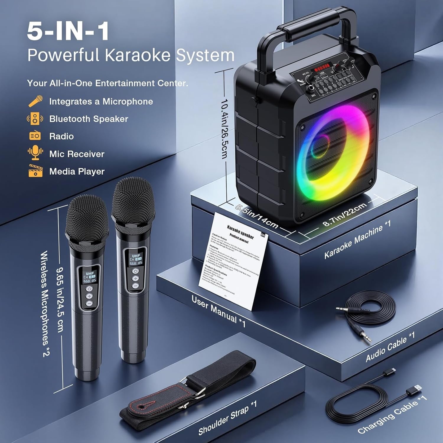 Karaoke Machine with 2 Wireless Mics Bluetooth PA Speaker LED