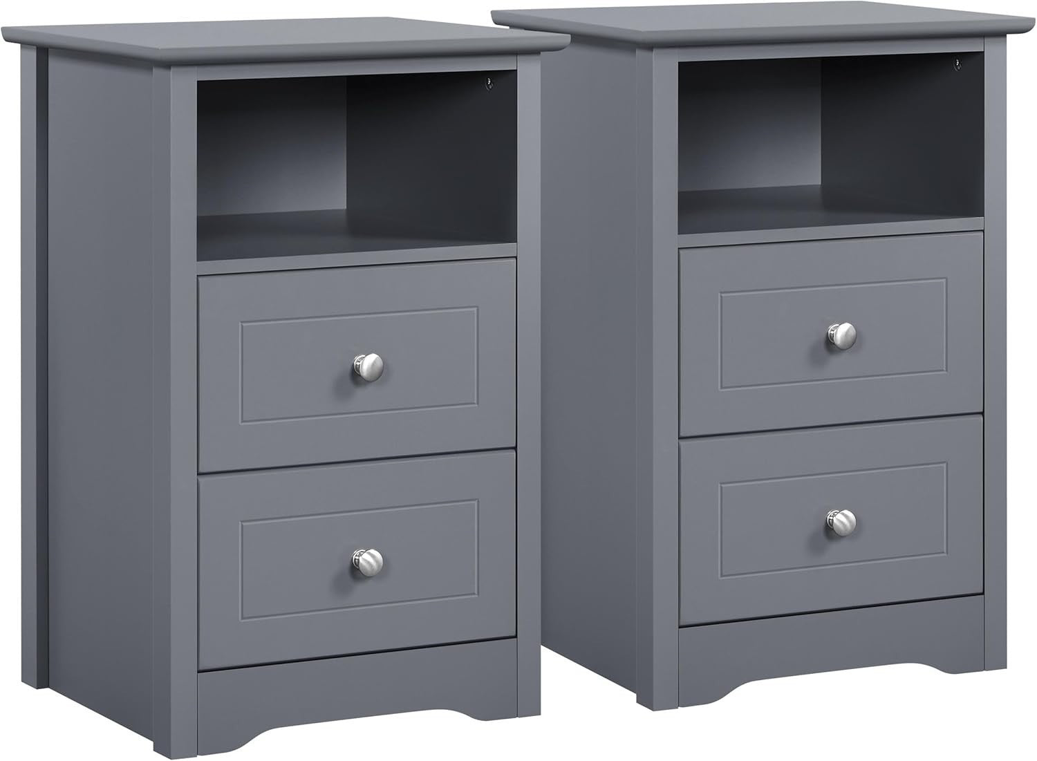 Dark Grey Bedside Table with Drawers & Open Shelf – Modern Wooden Nightstand