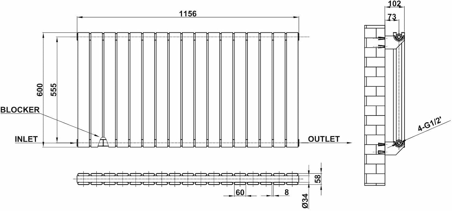 Horizontal White Flat Panel Radiator 600x1156mm Double Modern Heating