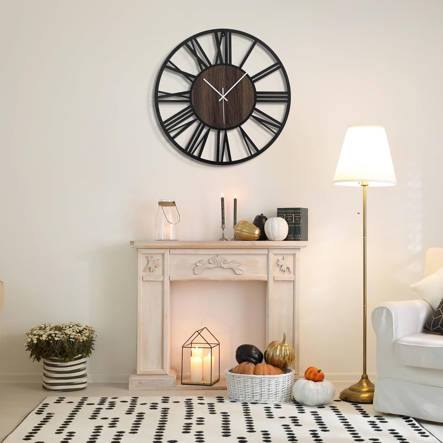 Large 50cm Silent Wall Clock Rustic Metal Wood Roman Numeral Home Decor