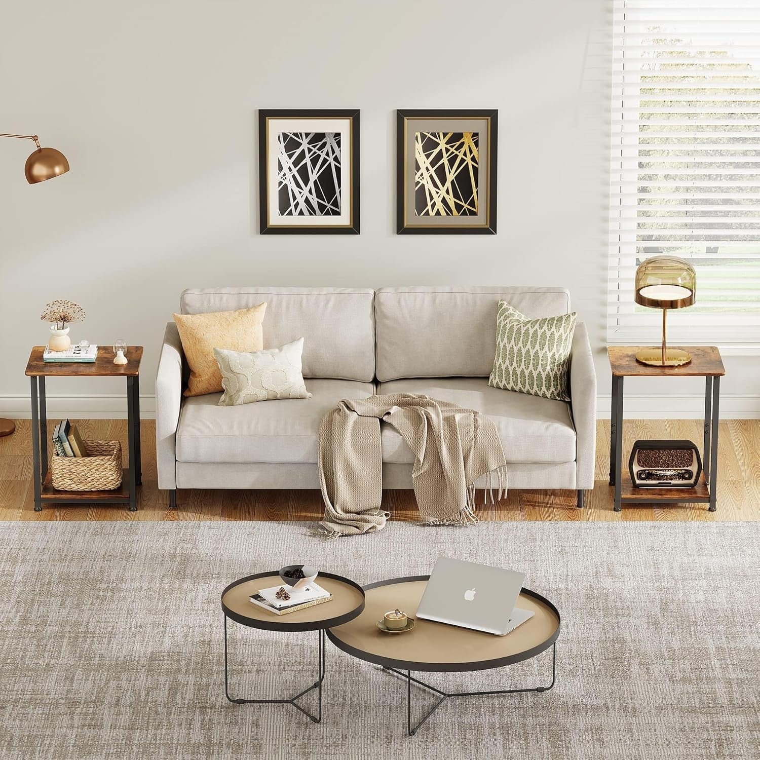 Set of 2 Rustic Brown 2-Tier Side Tables with Adjustable Feet, Sturdy Storage