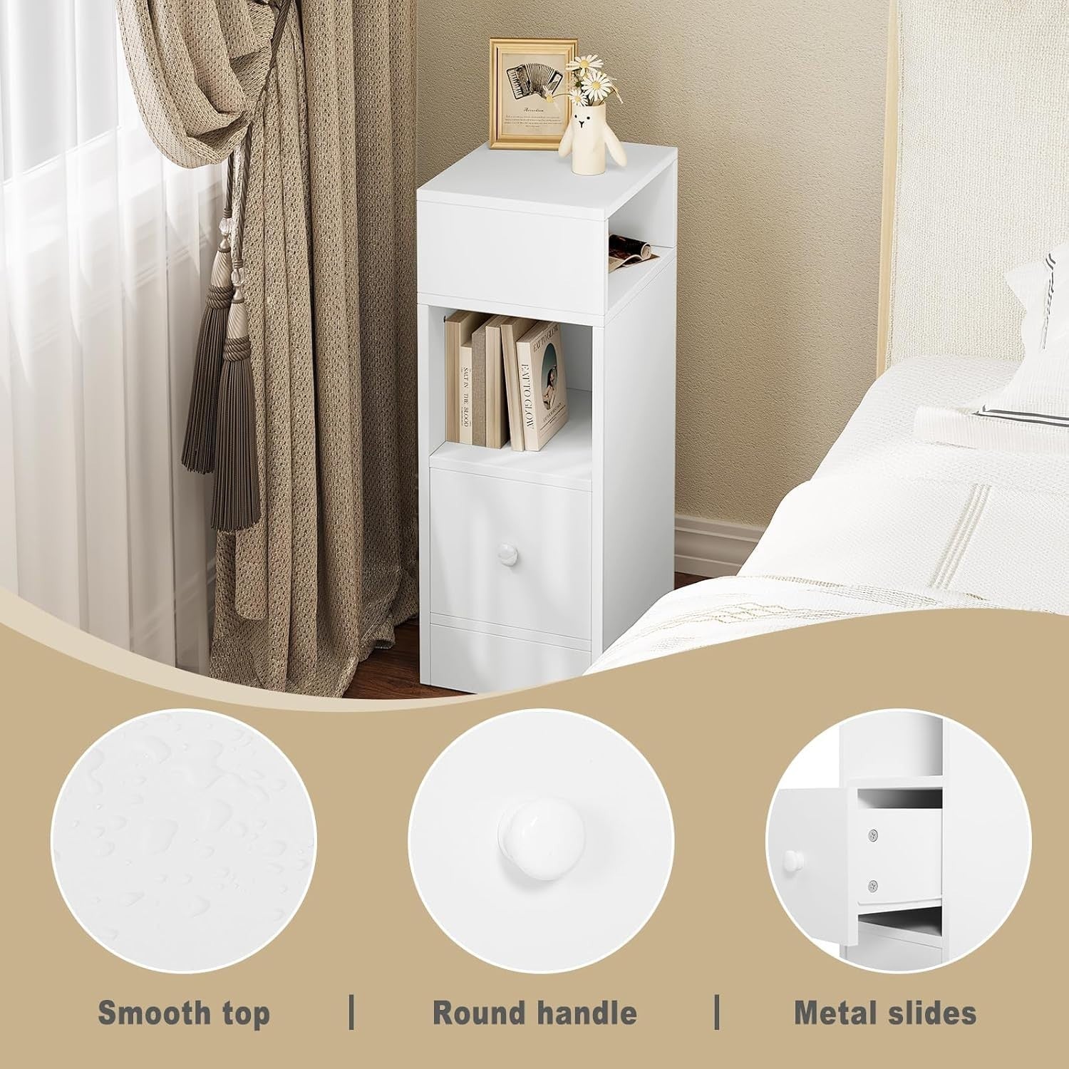 Set of 2 Slim White Bedside Tables with Drawer & Open Shelves 25x30x66cm
