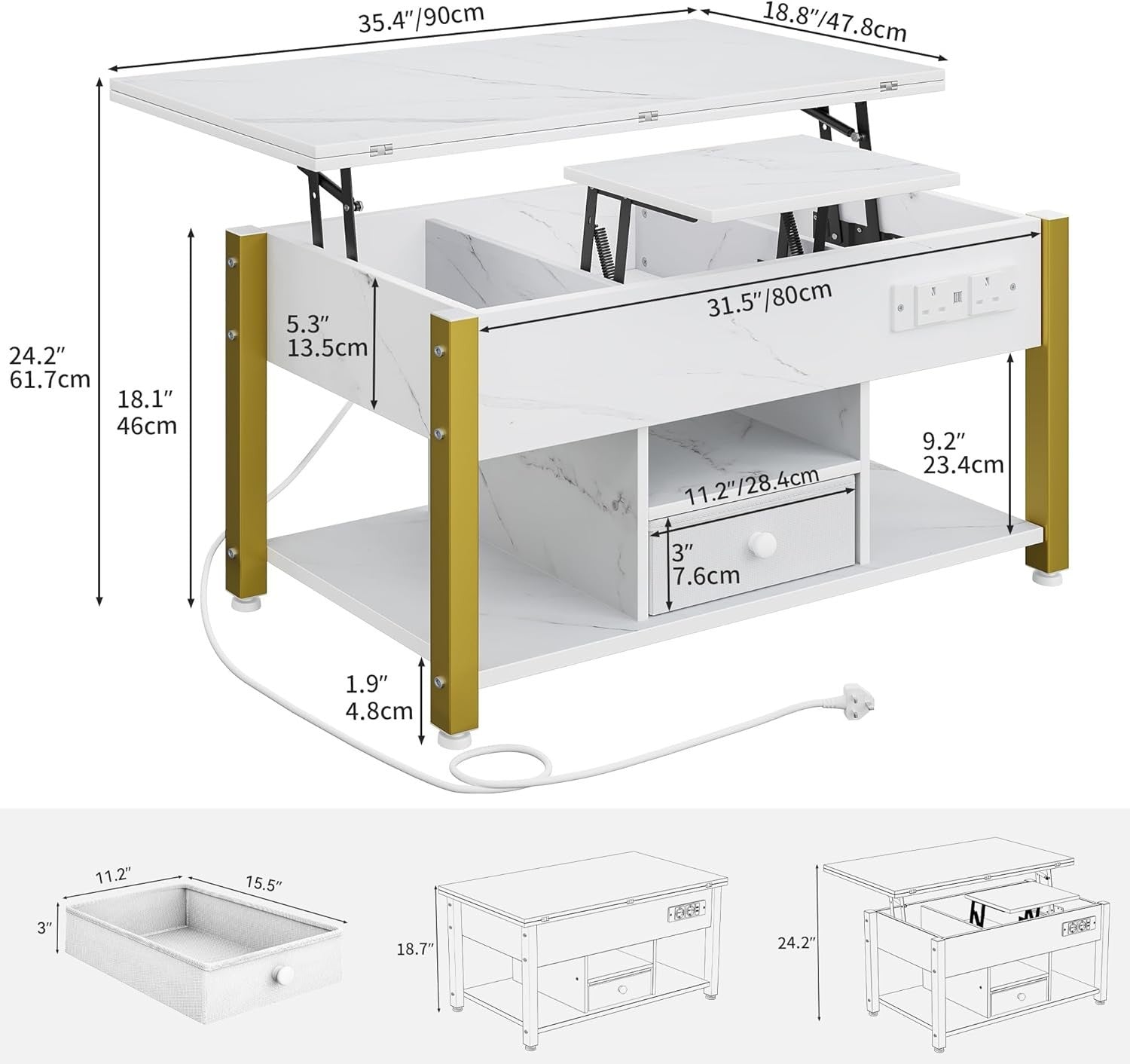 Folding Lift Top Coffee Table with Storage, USB & LED Lights, White Marble
