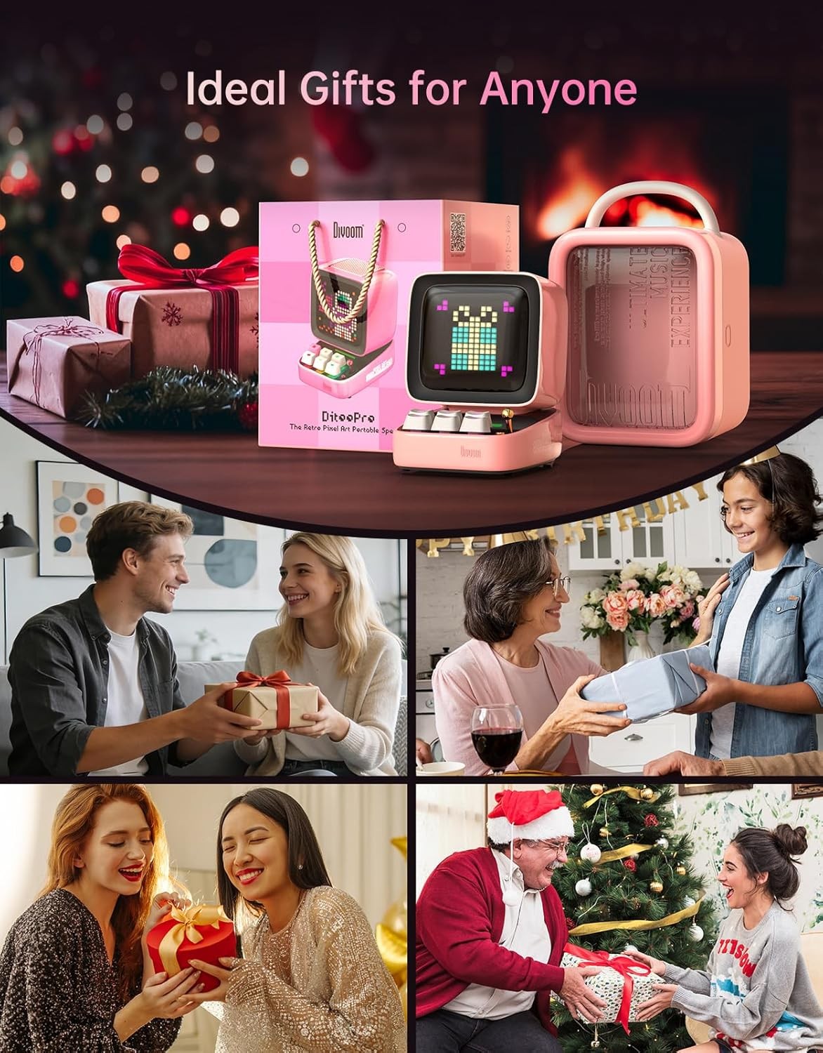 Retro Pixel Art Bluetooth Speaker RGB Display Alarm Clock Pink Desktop