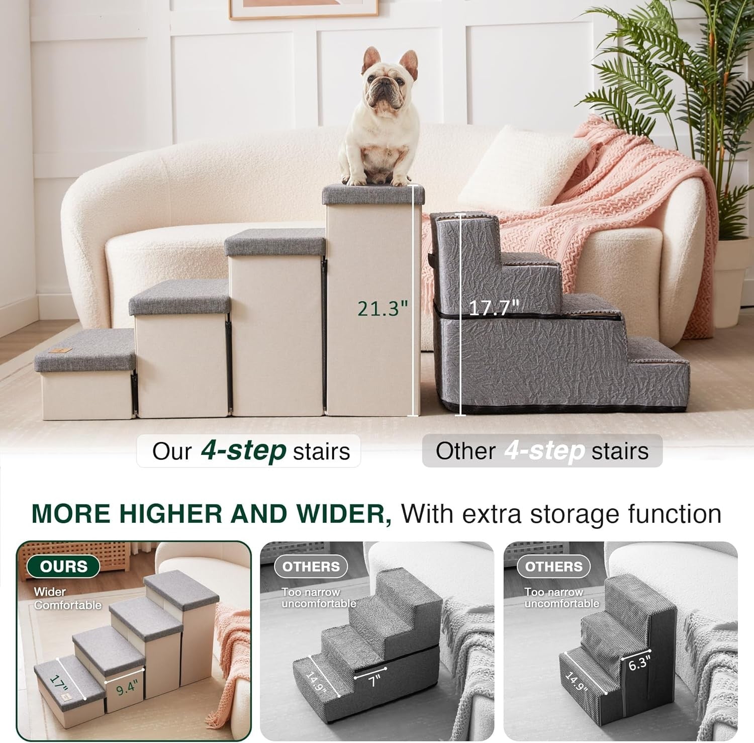 Dog Stairs 4 Step with Storage Foldable Pet Steps Light Grey 200lb