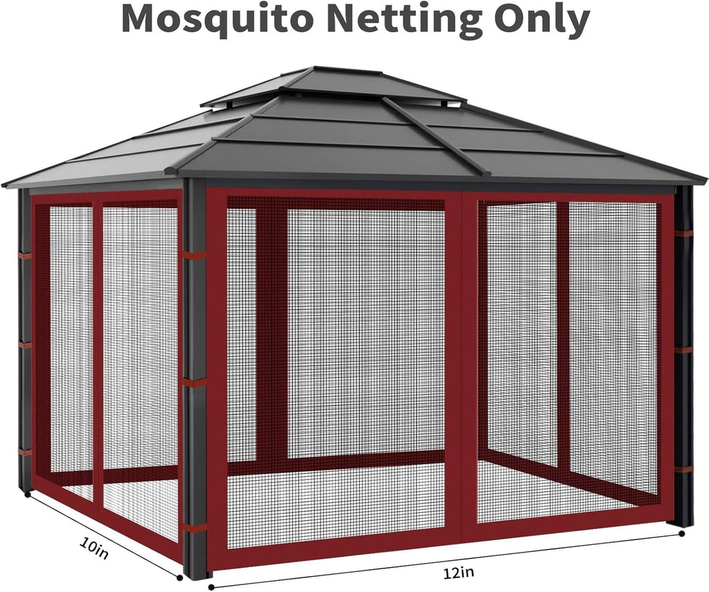 10x12ft Red Gazebo Mosquito Netting 4 Panels Zipper Sidewalls Outdoor