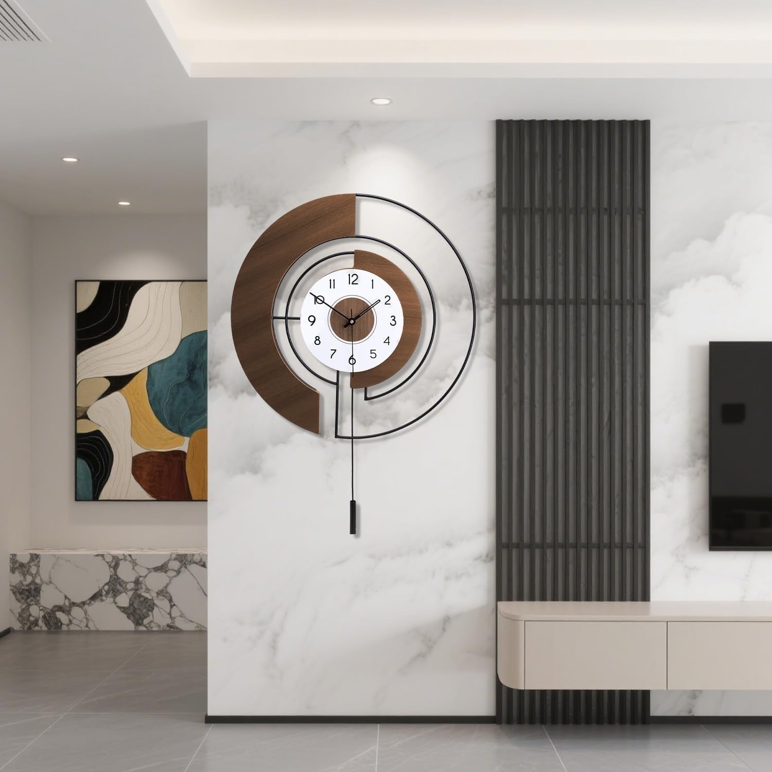 Silent Large Wall Clock with Pendulum, Quartz Battery Operated, Modern Decor