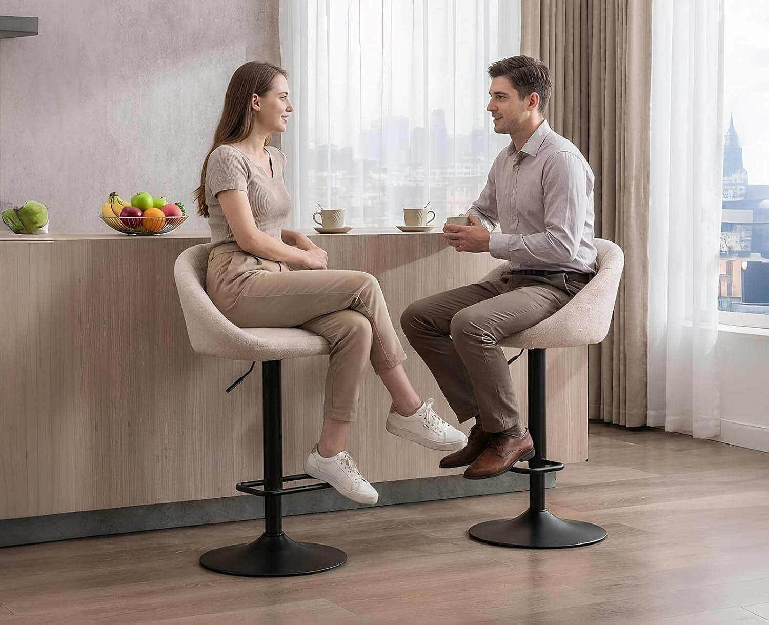 Bar Stools Set of 2 | Beige L-Shaped Adjustable Counter Chairs