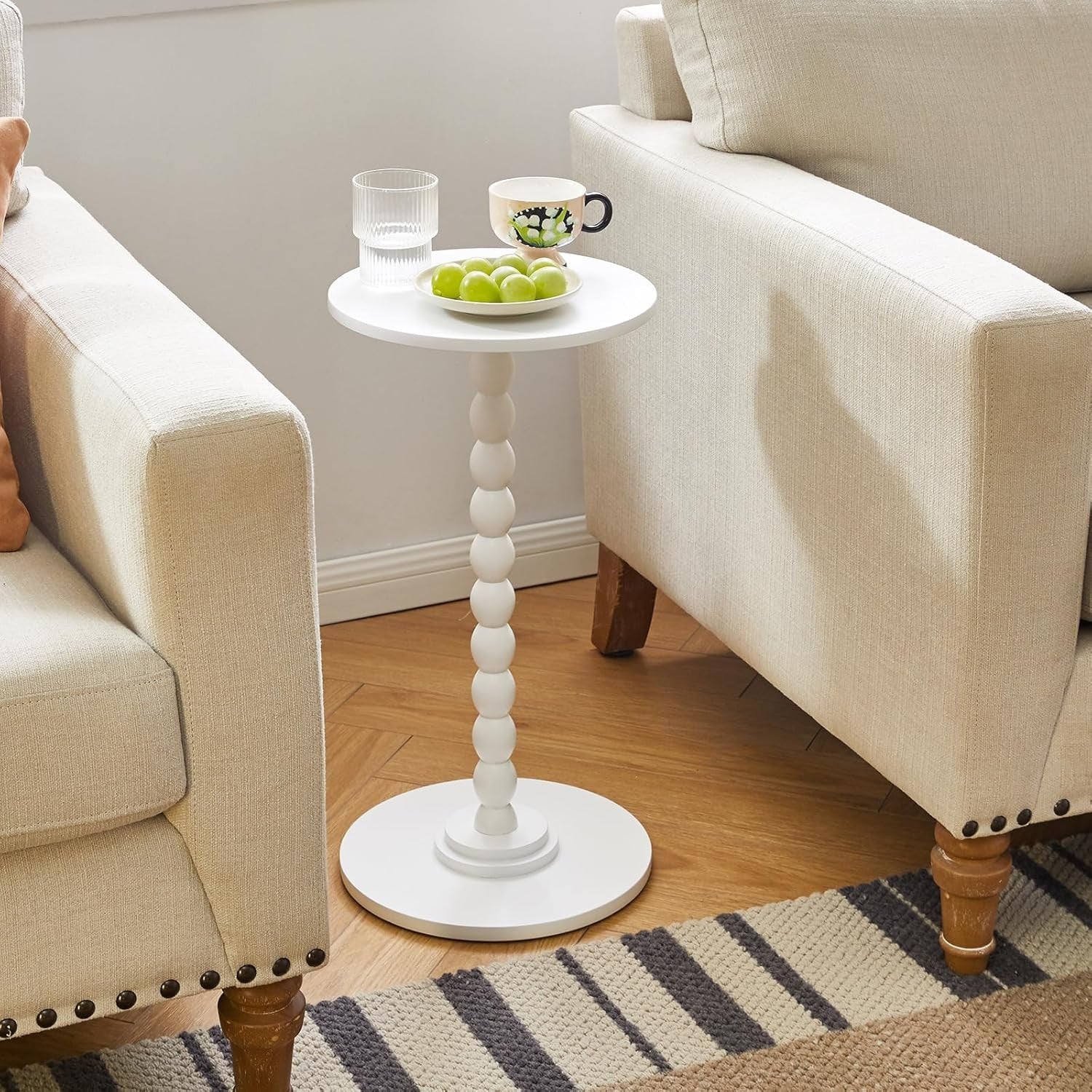 White Round Side Table – Modern Slim Accent Table with Solid Wood Leg for Small