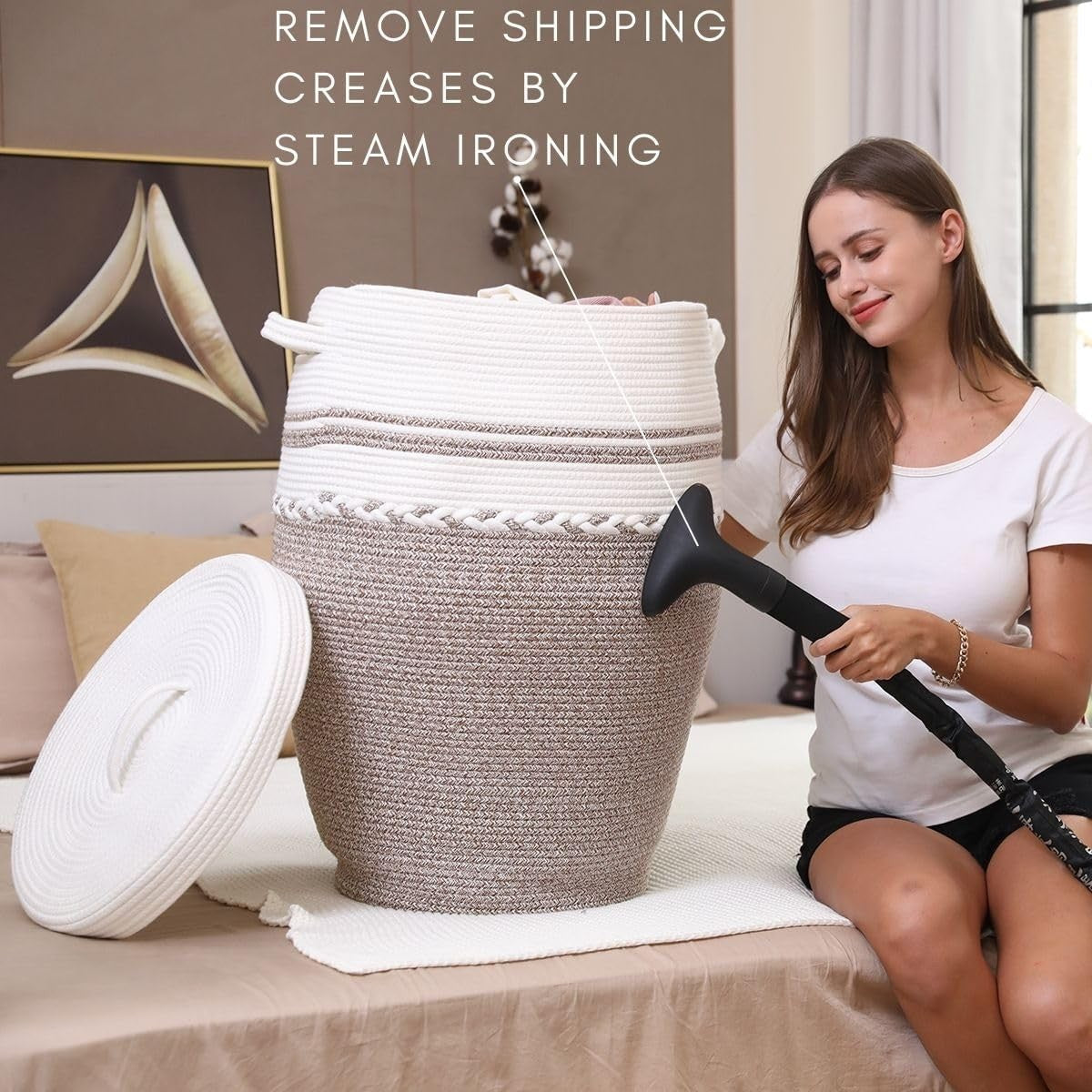 26" Tall White Camel Cotton Rope Laundry Basket with Lid Large Woven Storage Bin