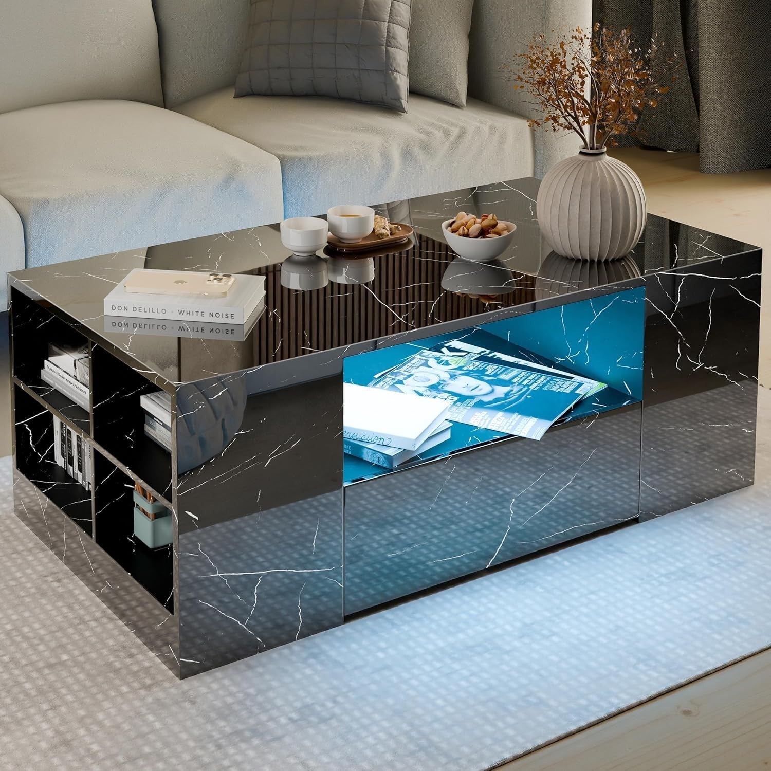 Blisswood LED Coffee Table with 2 Drawers, High Gloss Black Marble & RGB Lights