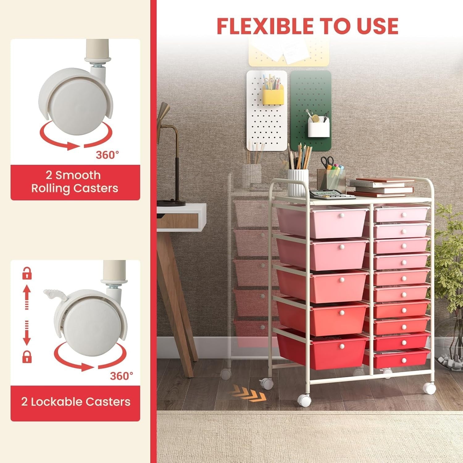 Gradient Pink 15 Drawer Rolling Storage Cart Beauty Craft Organizer