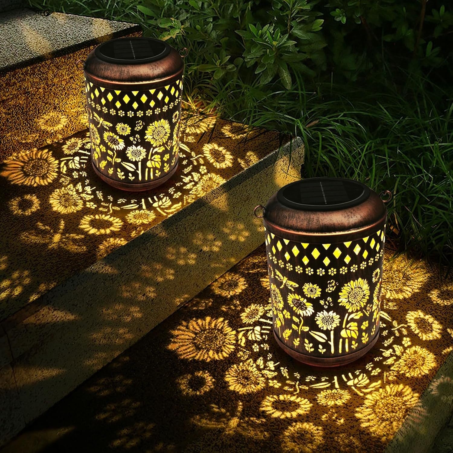 2-Pack Sunflower Solar Lanterns Bronze LED Garden Patio Lights