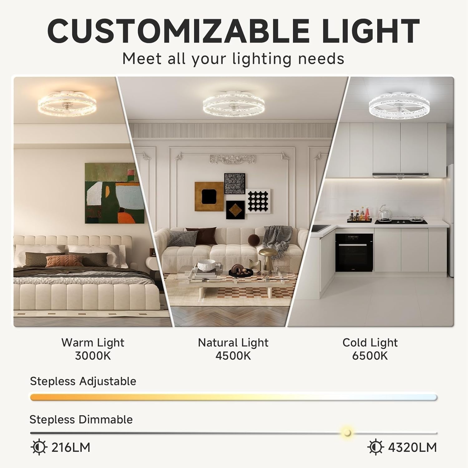 50cm LED Ceiling Fan Light, 6 Speeds, Dimmable, Remote, 3000K-6500K