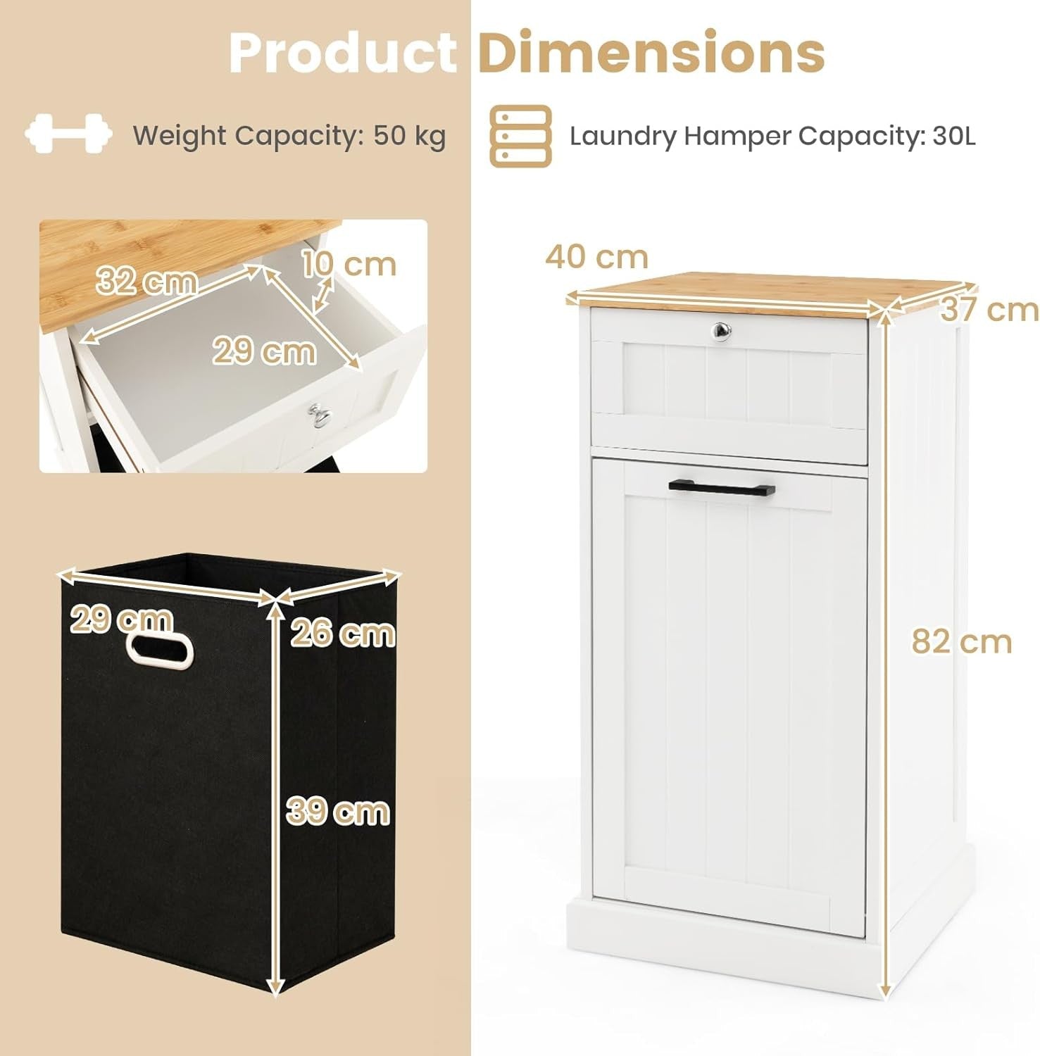 White Tilt-Out Laundry Hamper Cabinet with Drawer 30L Basket Bathroom Unit
