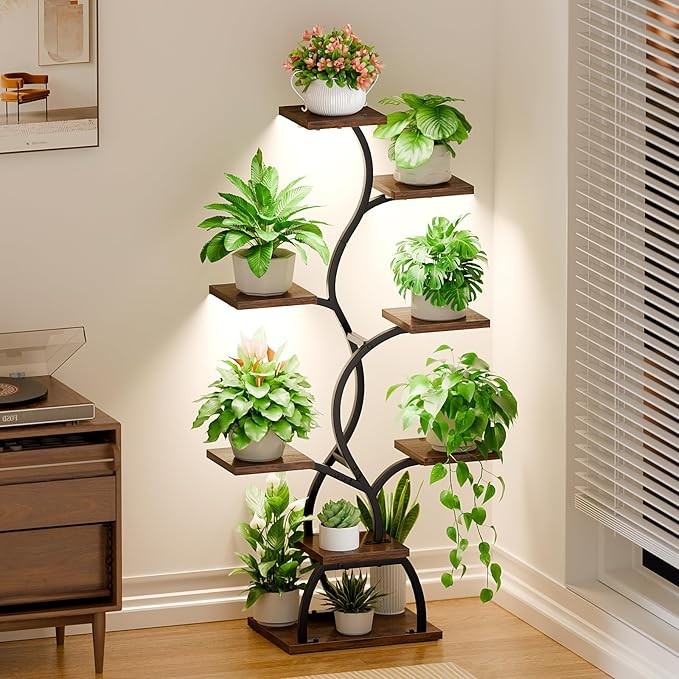 8 Tier Metal Plant Stand with Grow Lights, Tall Indoor Flower Shelf for Living