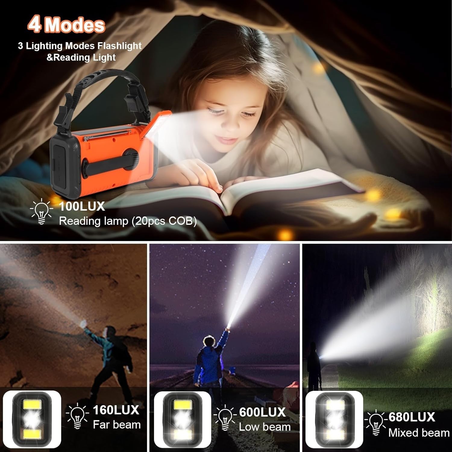 Emergency Solar Hand Crank Radio 20000mAh AM/FM/NOAA Flashlight Orange