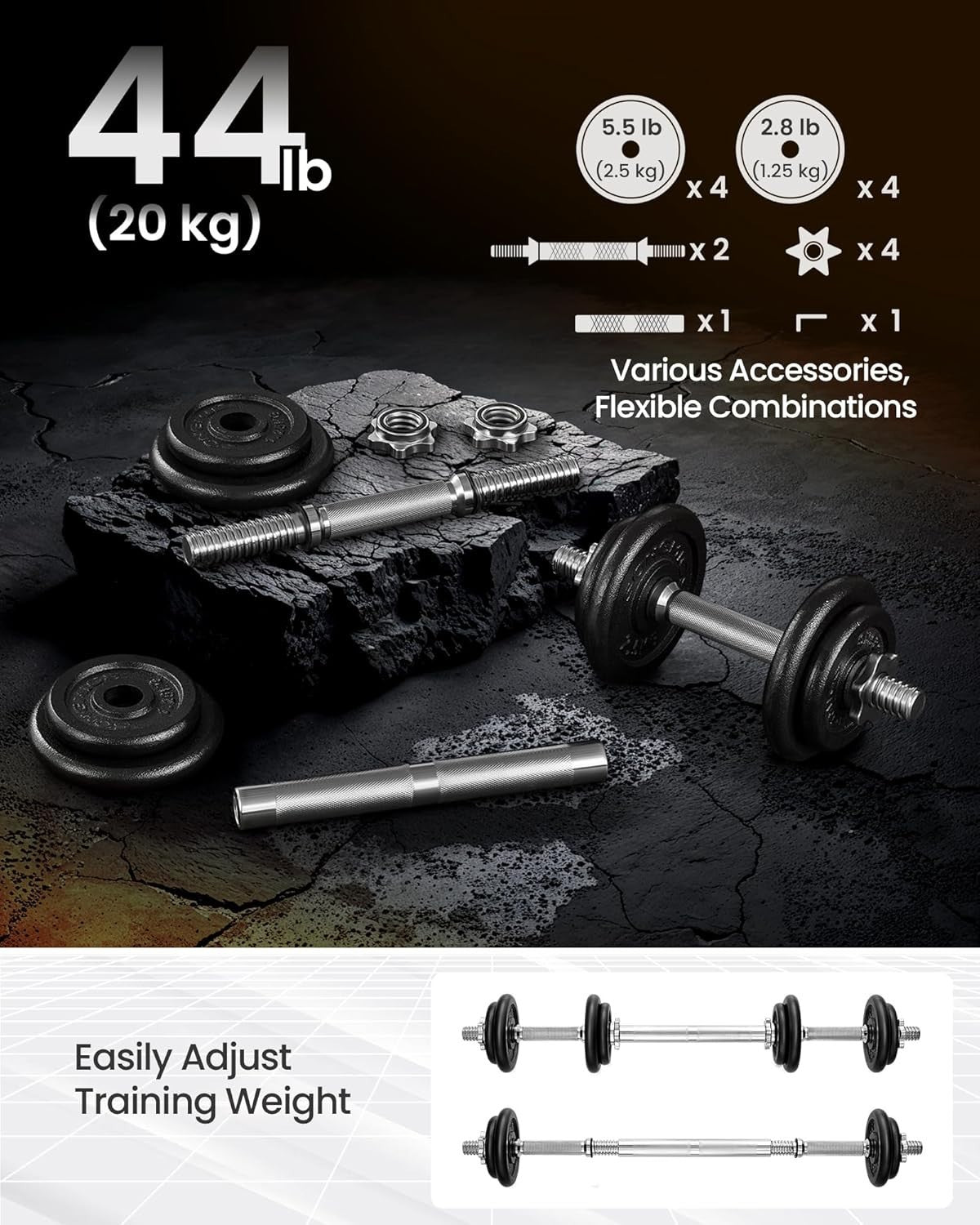 20kg Adjustable Cast Iron Dumbbells Barbell Spinlock Home Gym Set