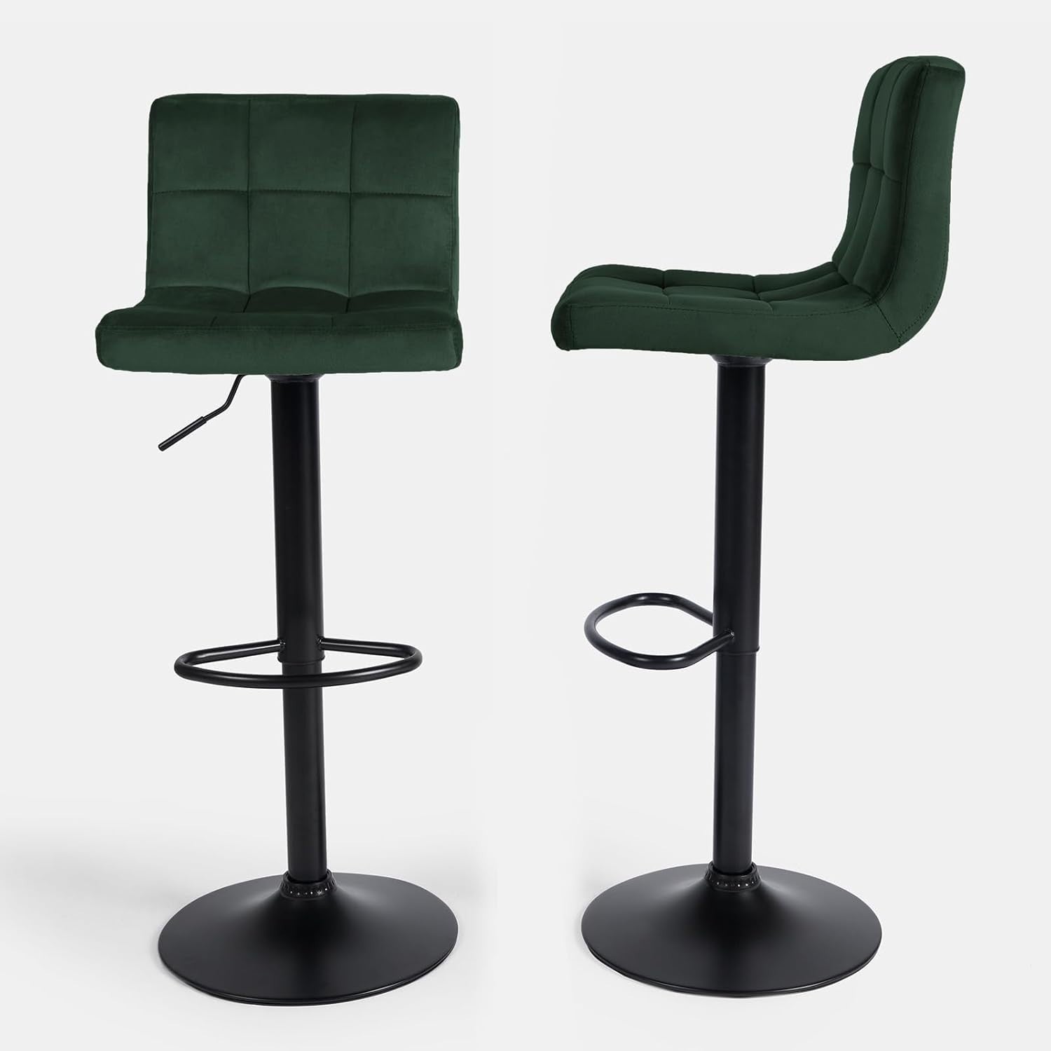Set of 2 Adjustable Velvet Bar Stools with Swivel & Footrest – Green
