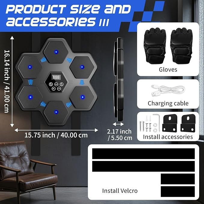 Smart Music Boxing Machine Wall Mount Bluetooth LED Punch Trainer Home Gym