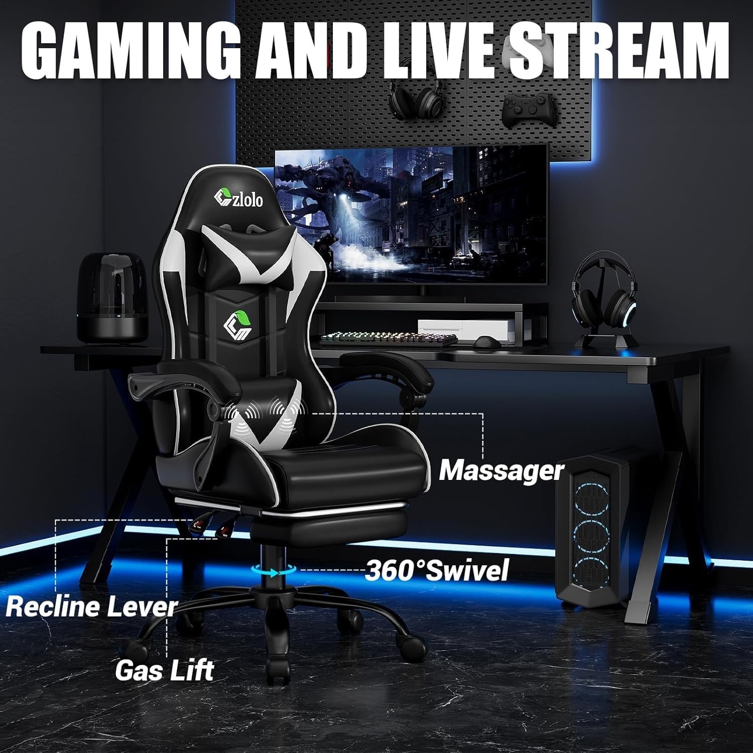 White Gaming Chair w/ Footrest Massage Lumbar Reclining