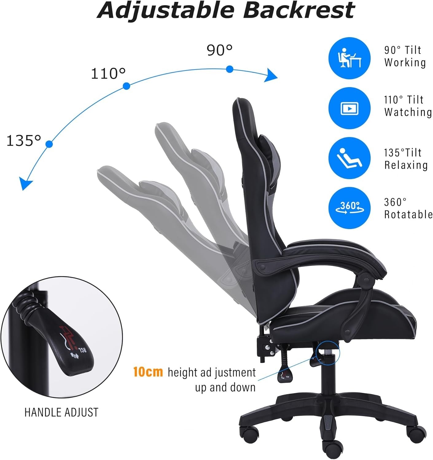 Ergonomic Gaming Chair w/ Lumbar Support Headrest Swivel Grey