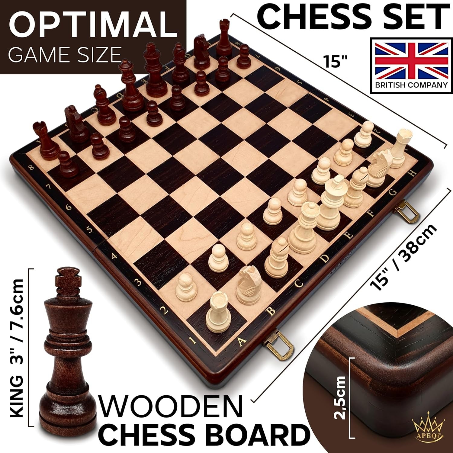 15" Magnetic Wooden Chess Set Luxury 38cm Folding Board + Extra Queens