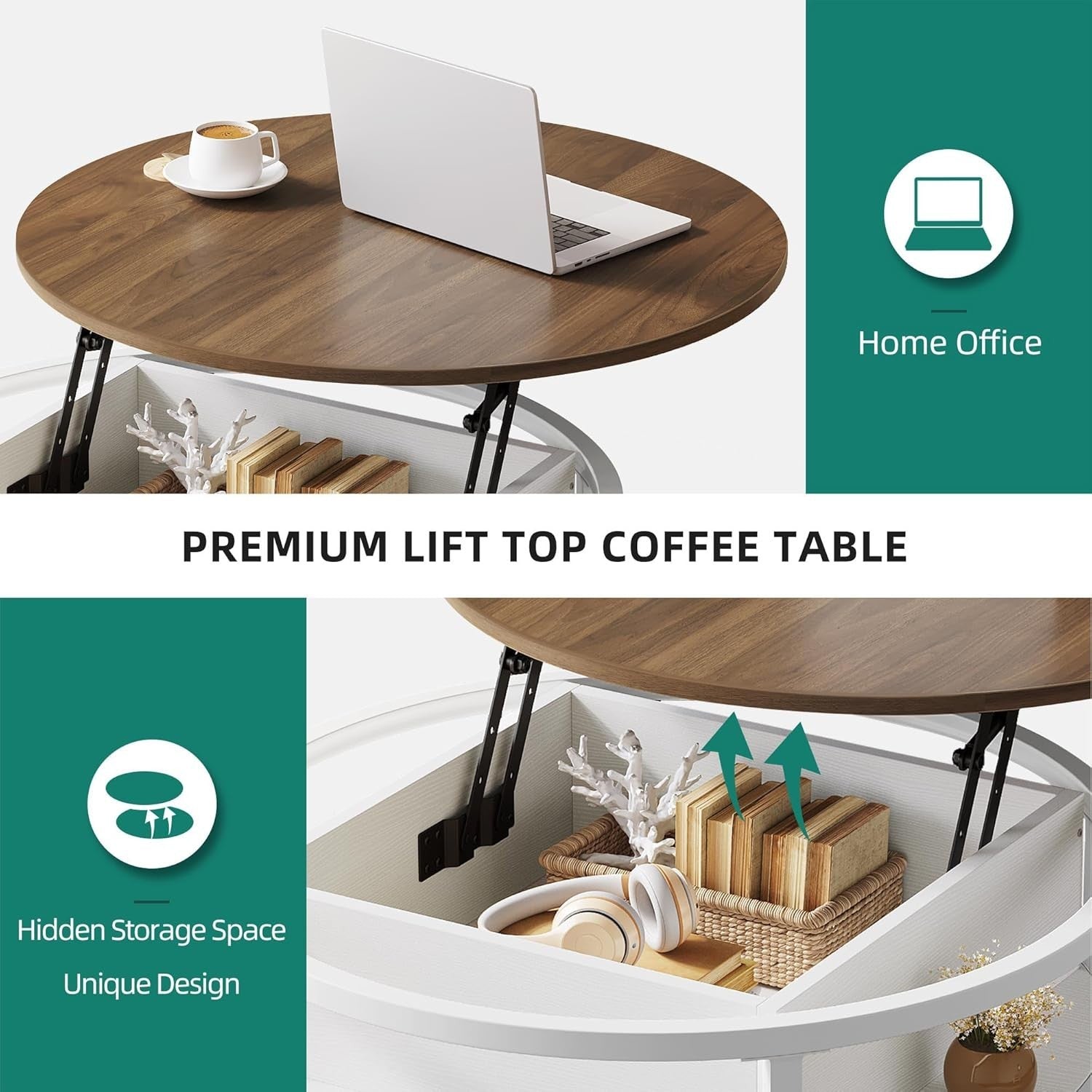 Lift Top Coffee Table Walnut White 80x80cm with Hidden Storage Shelves