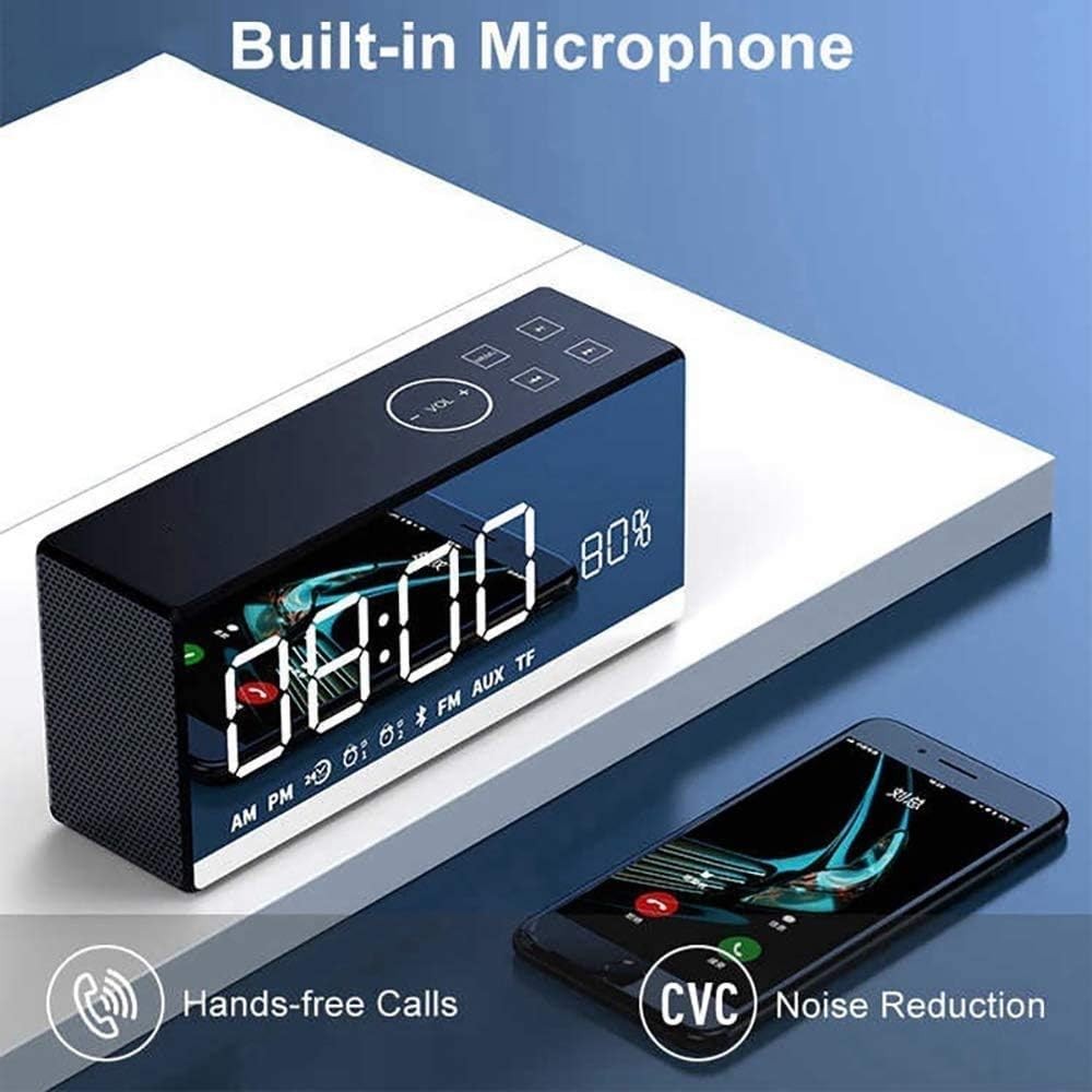 Black Digital Alarm Clock Bluetooth Speaker LED Display Remote 3D Sound