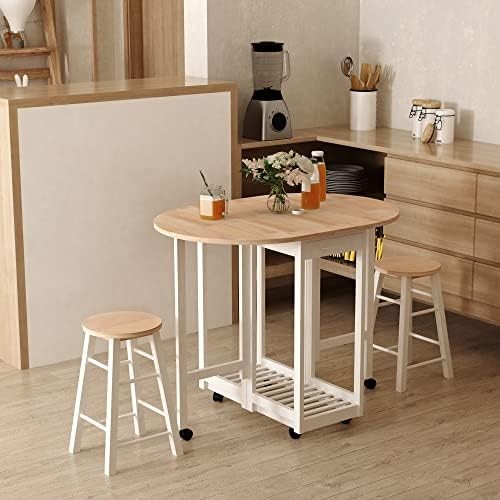 3-Piece Foldable Drop Leaf Dining Set with Stools White Modern Compact