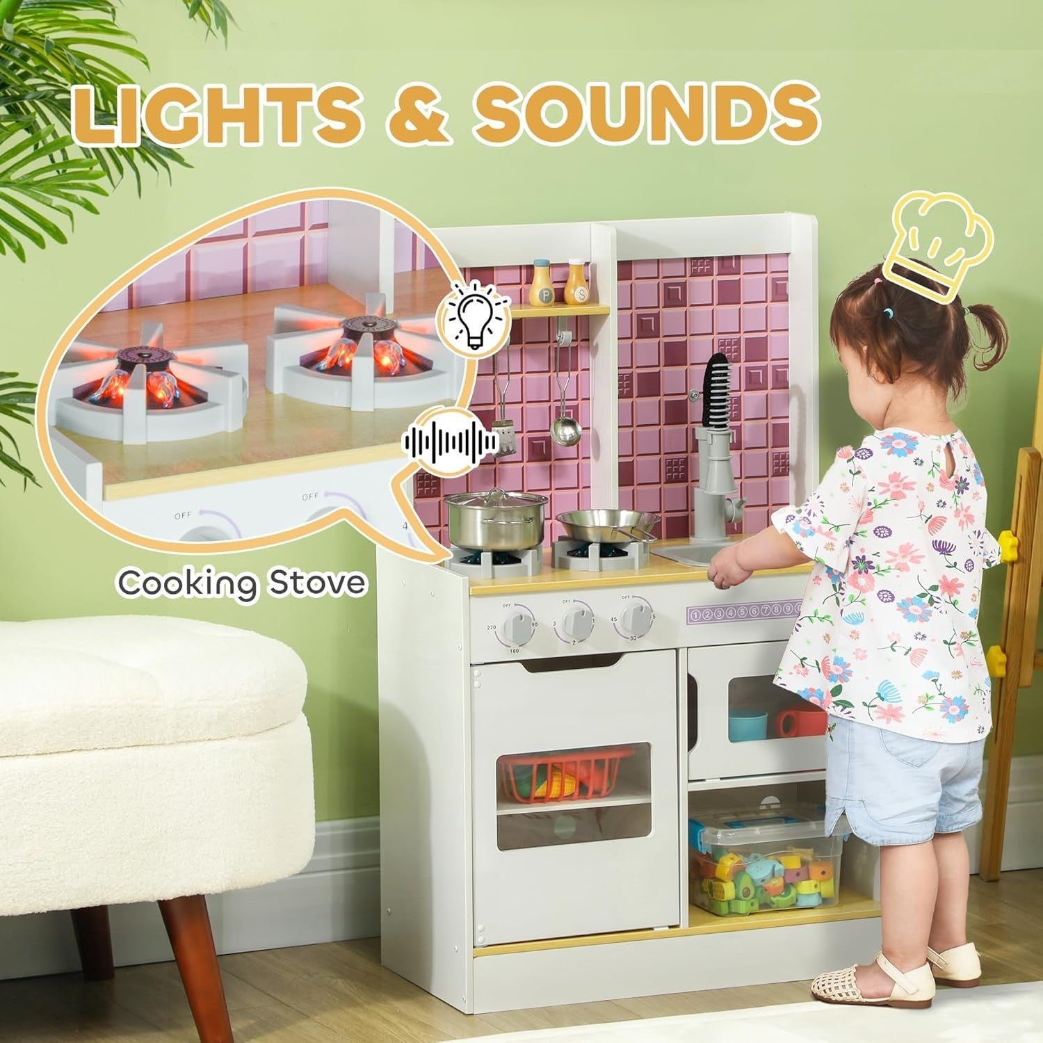 Kids Wooden Play Kitchen w/ Lights Sounds Oven Sink White Toy