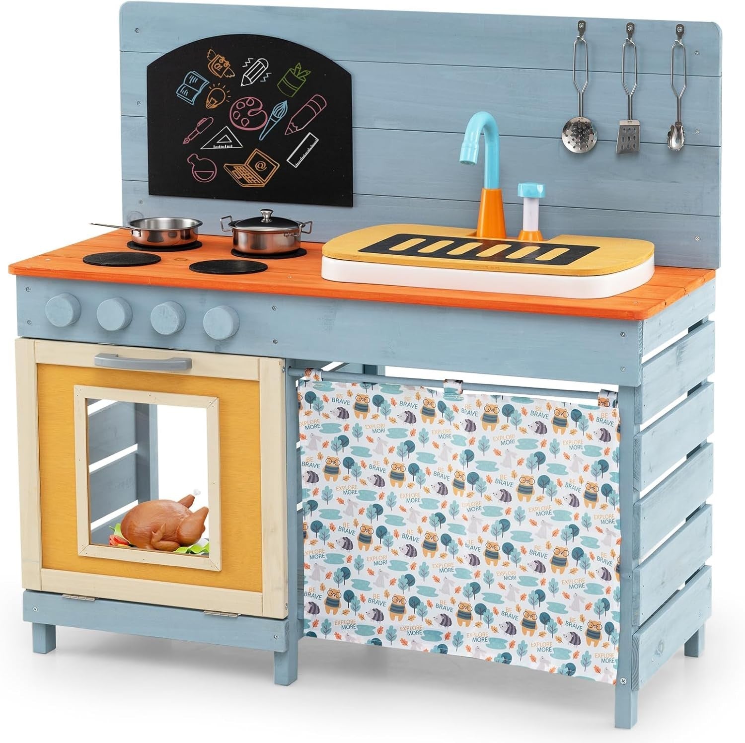 Outdoor Mud Kitchen Wooden Kids Playset Sink Chalkboard Toy Set