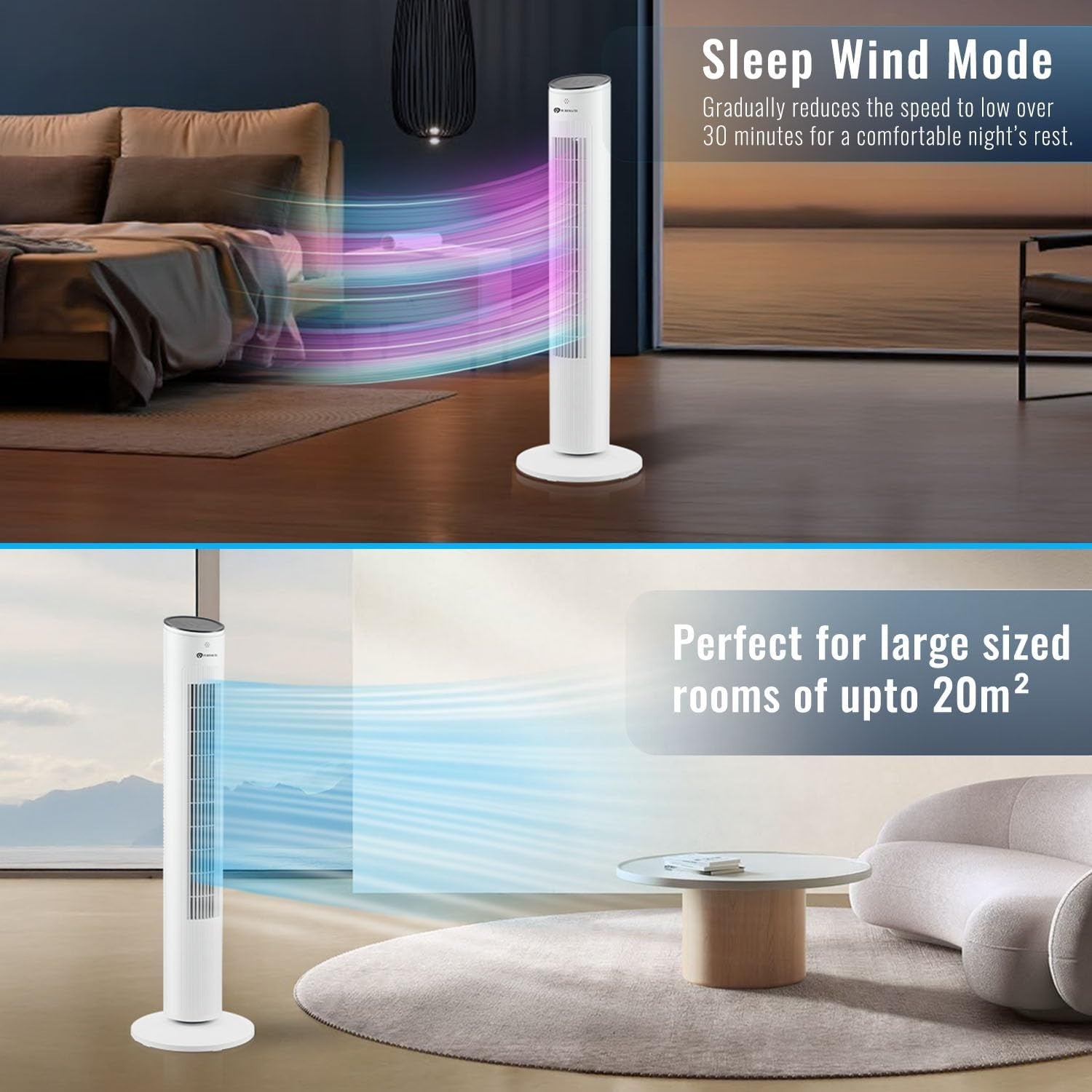 Cool Bladeless Tower Fan 43in – 3 Speed Remote Control Quiet Standing Fan White
