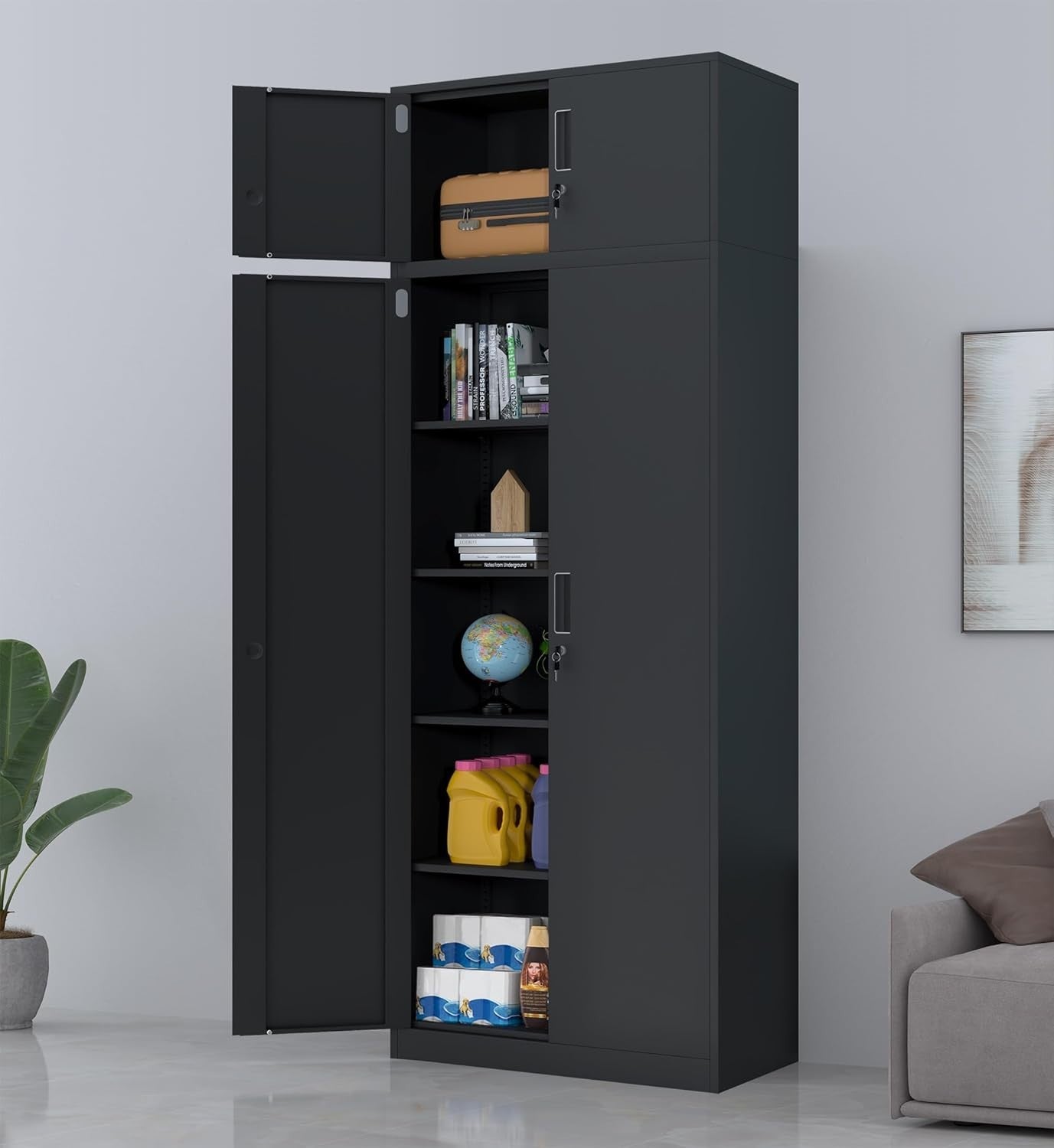 Extra Tall Black Metal Storage Cabinet Lockable 4 Shelf Office Garage