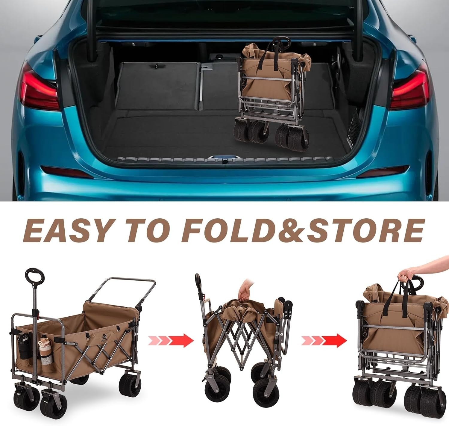 Folding Festival Trolley 225L with Brakes Push Pull Cart Extra Wide Wheels Khaki