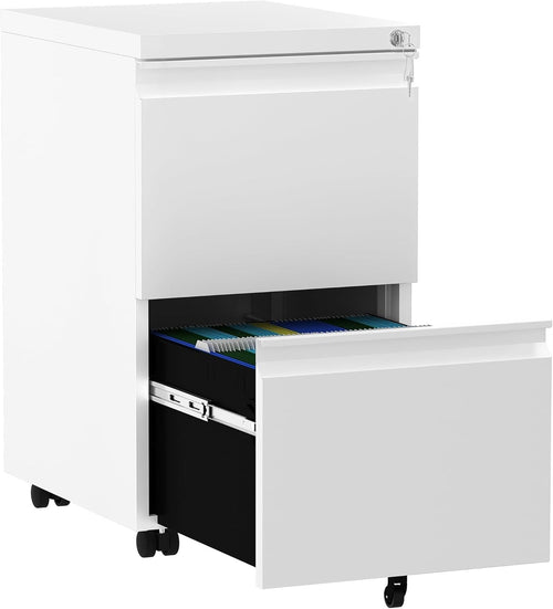 White 2 Drawer Lockable File Cabinet 51x39x71cm Mobile Under Desk