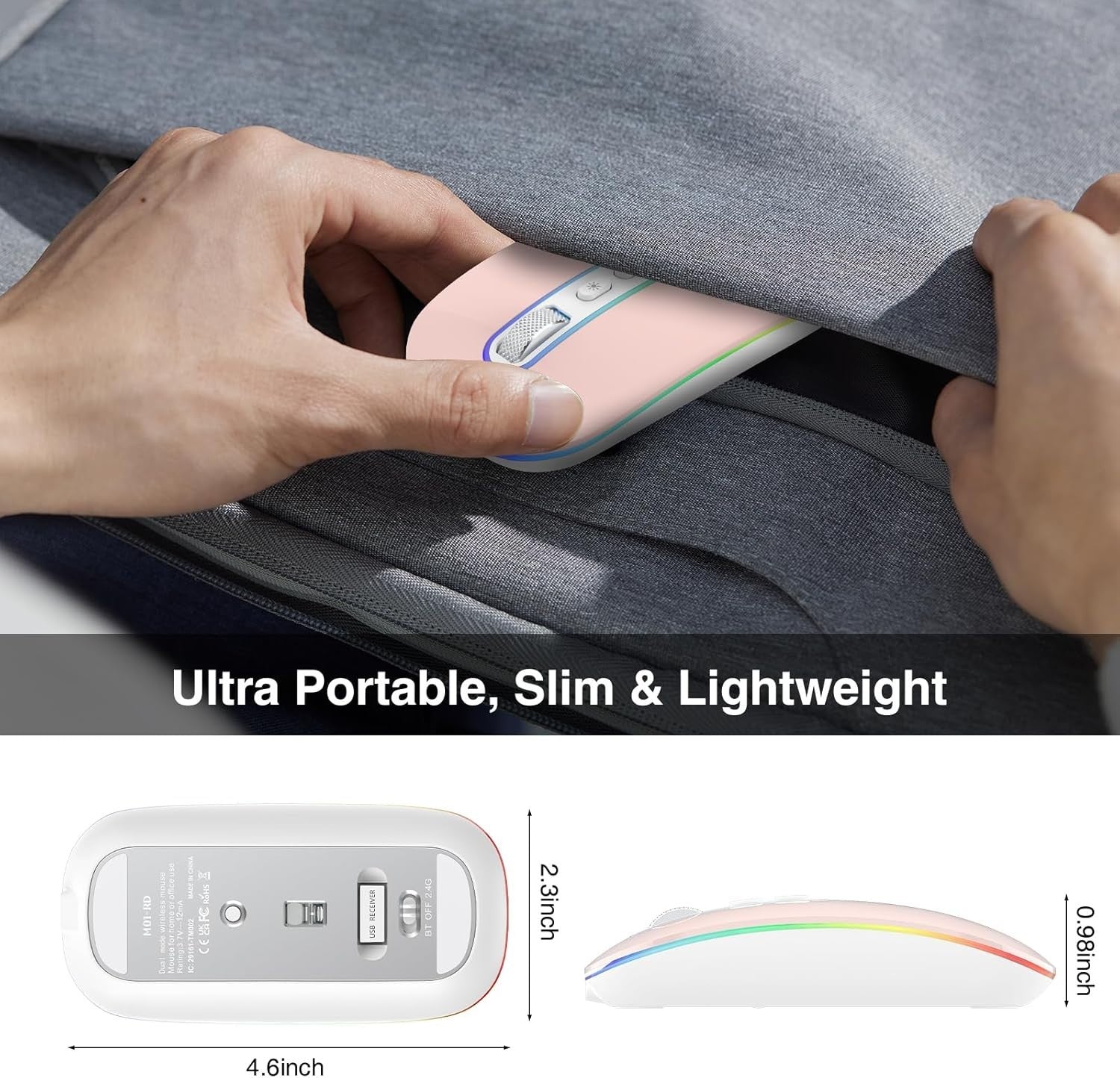 Rechargeable Wireless Mouse Bluetooth 5.1 2.4G Silent Slim LED Ergonomic
