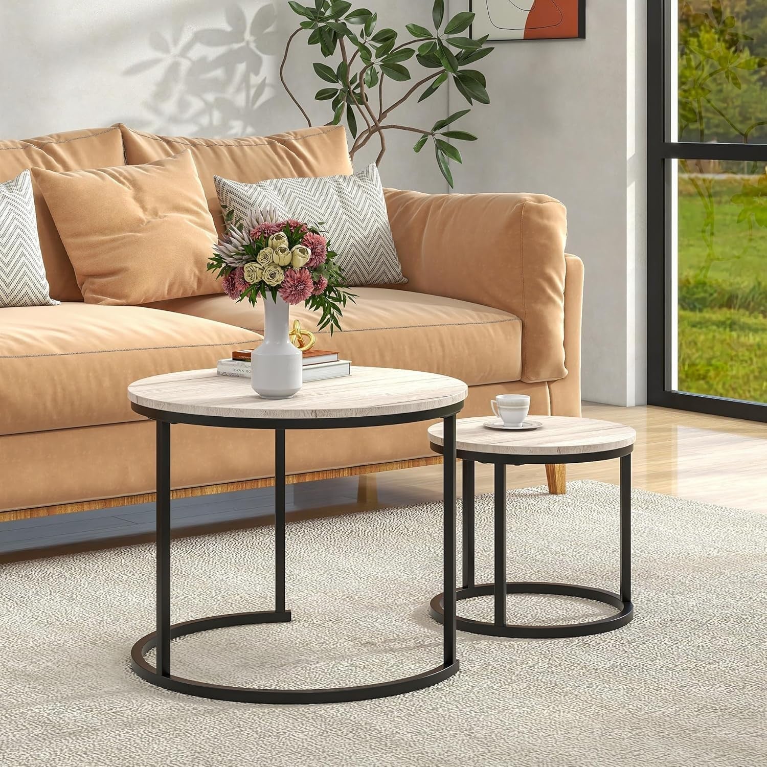 2-Piece Round Nesting Coffee Table Set with Oak Wood Top & Black Metal Frame