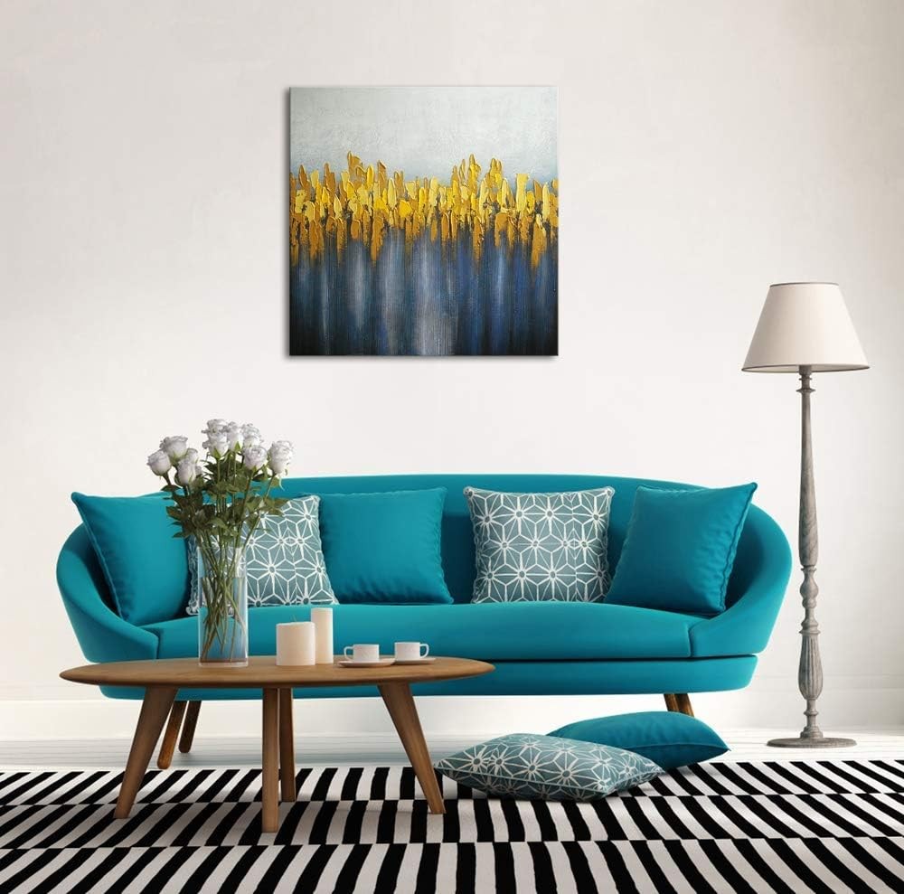 Abstract Grey Blue Gold Oil Painting Canvas 60x60cm